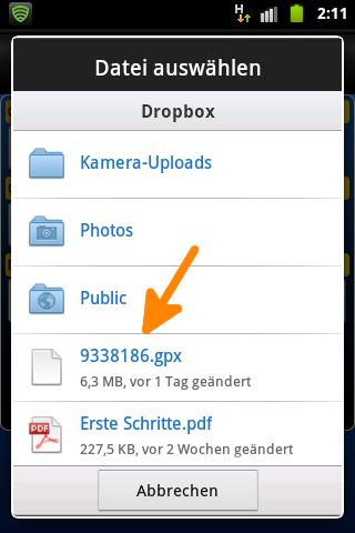 Dropbox Konto öffnen, verbinden, Datei auswählen, sie wird geladen, bzw. Datei von der SD-Karte auswählen