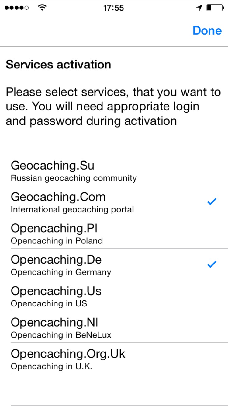 Auswahl der Geocaching-Services nach dem Programmstart
