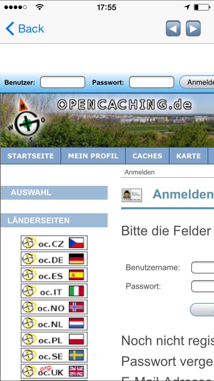 Anmeldefenster der Opencaching.de-Webseite