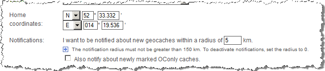 Example of New geocache notification settings