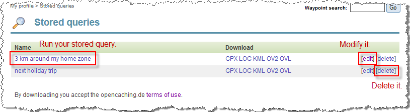 Functions at the stored queries page